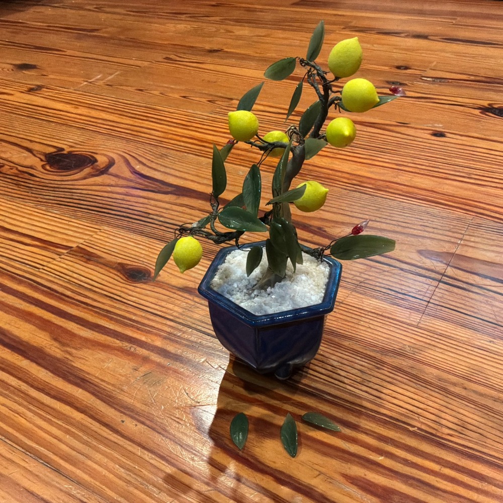 Vintage Chinese Glass Lemon Bonsai Tree Blue Ceramic Pot Green Leaves 8" READ